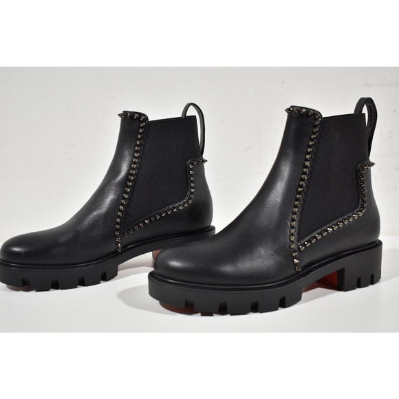Christian Louboutin Out Lina Spike Lug Flat Black Calf Chelsea Ankle Boot 37.5 - Picture 9 of 12